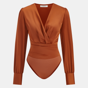 Satin V-Neck Long-Sleeve Ruched Bodysuit