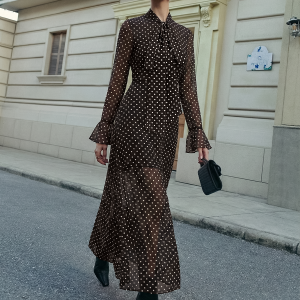 Polka Dot Chiffon Tie-Neck Flared Cuff Maxi Dress