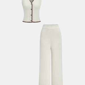 Contrast Trim Knit Vest & Wide-Leg Pants Set