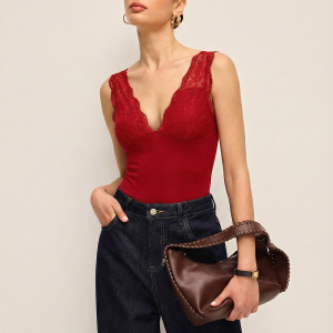 Deep V-Neck Lace-Trimmed Bodysuit