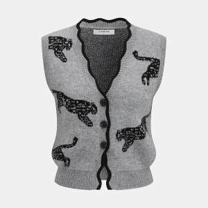 Panther Pattern Contrast Trim Knit Vest