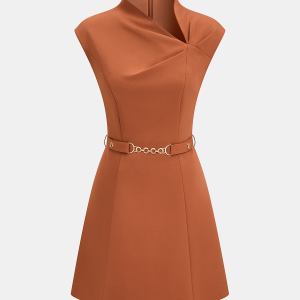 Belted Asymmetric Neckline Sleeveless Mini Dress