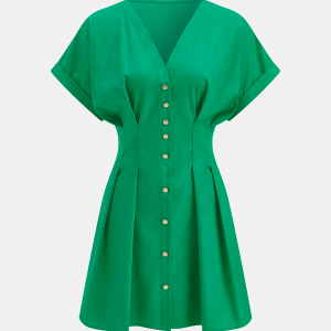 Cotton-Linen Pleated Button-Front Mini Dress