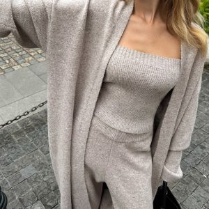 Three-Piece Knit Bustier Cardigan Pants Set
