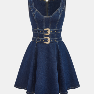 Denim Double-Buckle Mini Dress