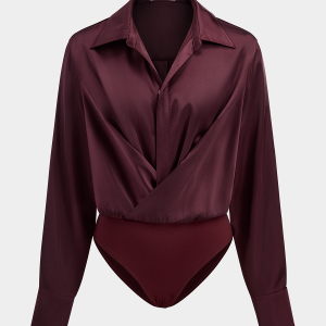 Collared Draped Satin Long Sleeve Bodysuit