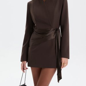 Satin-Wrapped Belted Blazer Dress