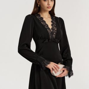 Lace V-Neck Bow Detail Satin Midi Dress