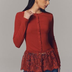 Lace Hem Ribbed Long Sleeve Top