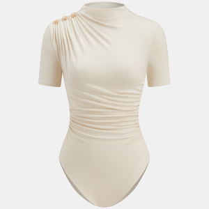 Metal Detail Mock Neck Ruched Bodysuit