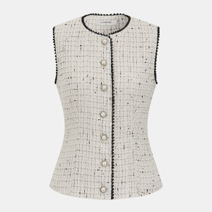 Contrast Trim Pearl Button Tweed Sleeveless Vest