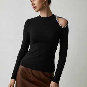 Crystal Detail Cold Shoulder Long-Sleeve Top