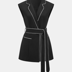 Contrast Piping Belted Sleeveless Blazer Vest
