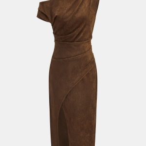 Suede Effect One-Shoulder Ruched Midi Dress