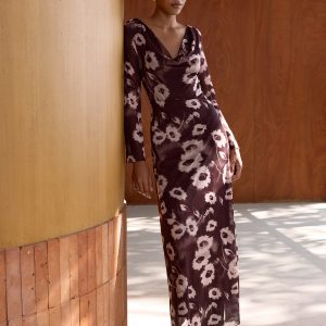 Floral Print Mesh Cowl Neck Maxi Dress
