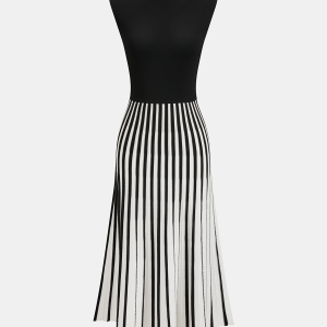 Sleeveless Mock Neck Striped Midi Dress