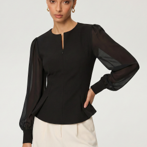 Sheer Sleeve Peplum Zipper Keyhole Neck Blouse