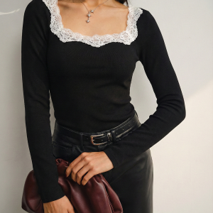 Lace Square Neck Ribbed Long-Sleeve Top