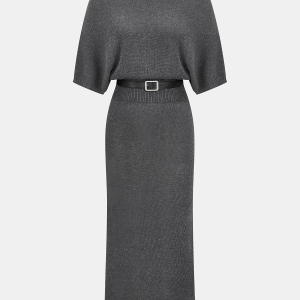 Batwing Sleeve Belted Knit Midi Dress