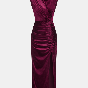 Sleeveless Side Slit Velvet Mock Neck Maxi Dress