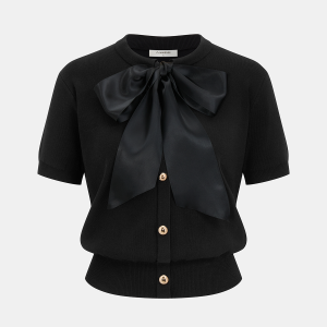 Decorative Button Bow Short-Sleeve Sweater