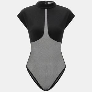 Sheer Mesh Panel Cap Sleeve Bodysuit