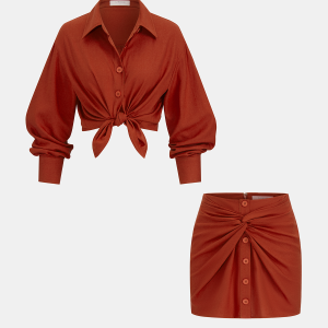 Linen-Blend Knot-Front Shirt & Mini Skirt Set