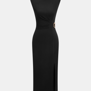 Metal Detail Slit Sleeveless Midi Dress