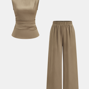 Turtleneck Ruched Top & Wide-Leg Pants Set