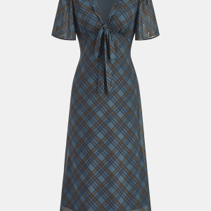Tie-Front Plaid Chiffon Midi Dress