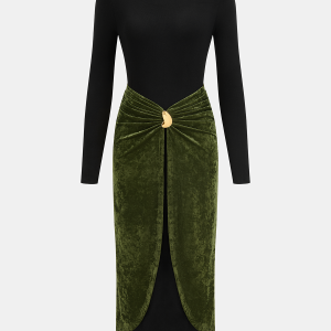 Metal Detail Color-Block Velvet Panel Dress