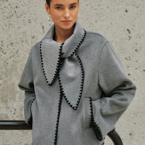 Tweed Contrast-Trim Knot-Collar Coat