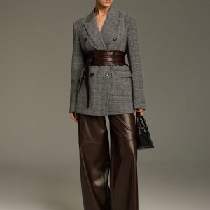 Plaid Double-Breasted Blazer with Waist Belt