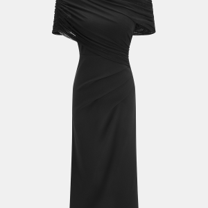 Draped Mesh Cape Sleeve Maxi Dress
