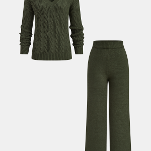 Cable Knit Sweater & Wide-Leg Pant Set