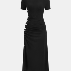 Short-Sleeve Ruched Side Button Detail Dress