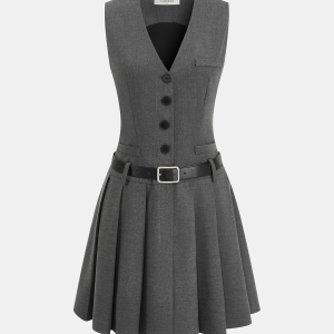 Belted Sleeveless Pleated Blazer Dress