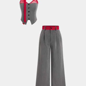 Contrast Lace Cami Vest & Pants Set with Scarf