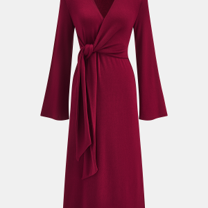 Knot-Waist Bell Sleeve Wrap Midi Dress
