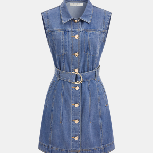Belted Denim Sleeveless Shirt Dress