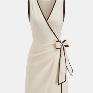 Linen-Blend Contrast Trim Wrap Dress