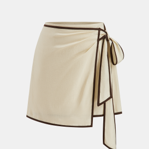 Contrast Piping Linen-Blend Wrap Mini Skirt