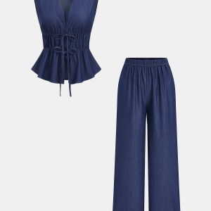 Faux Denim Tie-Waist Vest & Pants Set