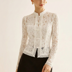 Frog Closure Lace Mandarin Collar Blouse