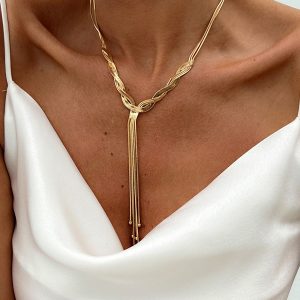 Golden Twisted Tassel Y-Shaped Necklace