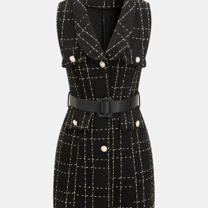 Belted Plaid Tweed Sleeveless Mini Dress