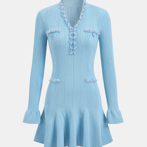 Ruffled Hem Pearl Trim Knit Mini Dress
