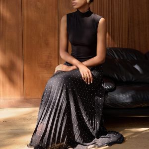 Turtleneck Polka-Dot Pleated Maxi Dress