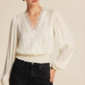 Lace Trim Smocked Waist Long Sleeve Blouse