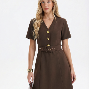 Metal Button V-Neck Belted Mini Dress
